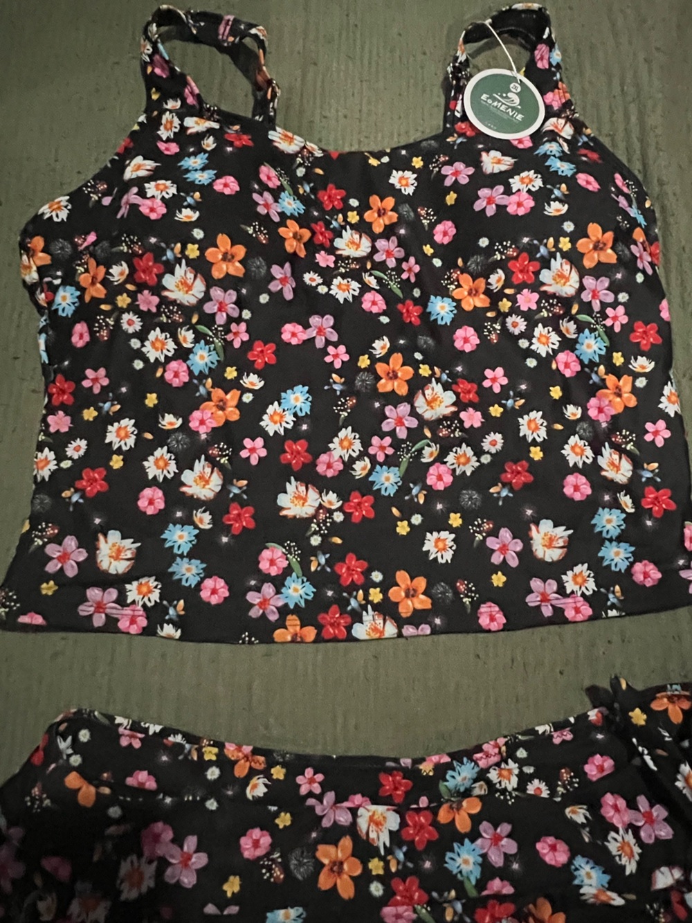 Swimsuit Black Floral Multicolor Flower Print